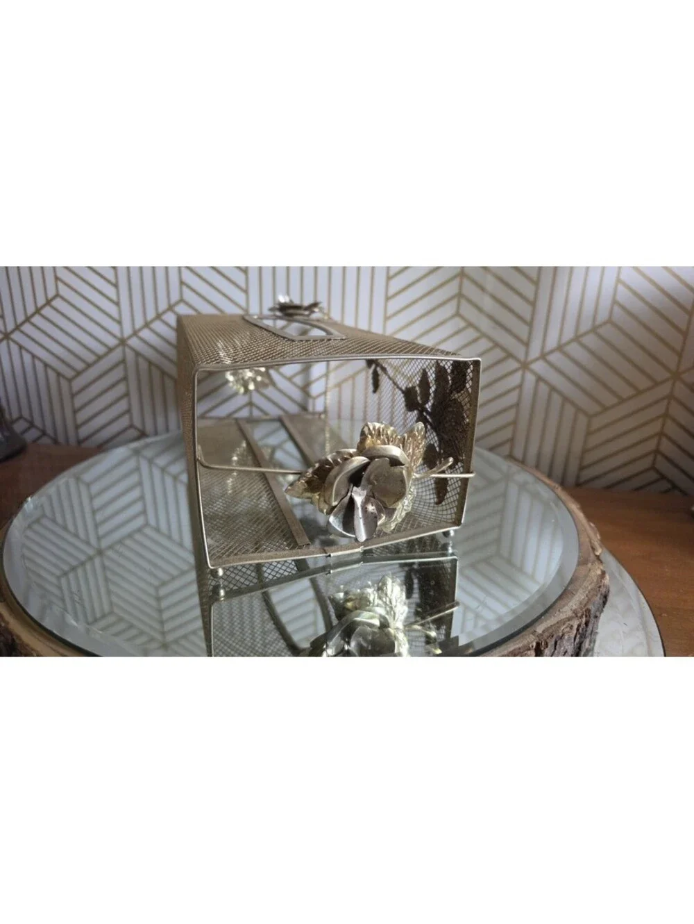 Vintage Floral Gold Tone Filigree Tissue Box Cover Hollywood Regency